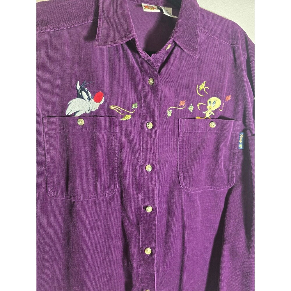 Vintage 2000 Looney Tunes Tweety & Sylvester Embroidered Corduroy Shirt small